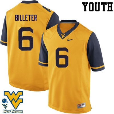 Youth West Virginia Mountaineers NCAA #6 Will Billeter Gold Authentic Nike Stitched College Football Jersey NK15W30DN